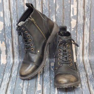 Billabong Willow Way Moto Boots Black Leather Size 7 Lace Up Flat Bottom w/Box